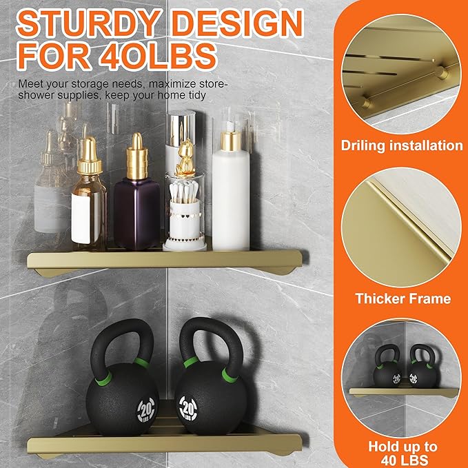 Corner Shower Shelves, 2-Tier Triangle Gold Shower Candy, 304 Stainless Steel Corner Shelf Will not Rust, Wall Mounted Caddy Shelves Easy to Install,Bathroom Storage Shelf for Toilet