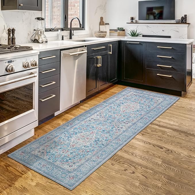 Goideal Washable Runner Rug 2x6, Blue Rugs Non Slip, Indoor Low Pile Carpet with Rubber Backing for Hallway Kitchen Bathroom Entryway Bedroom
