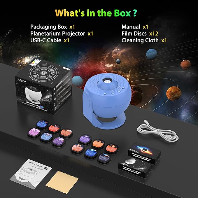 Galaxy Projector for Bedroom Pro Version, Upgraded Film Disc Star Projector for Kid 12 in 1 Planetarium Projector HD Image Adjustable Knob 360° Rotating 1/2h Timer Simple 4-Button Control