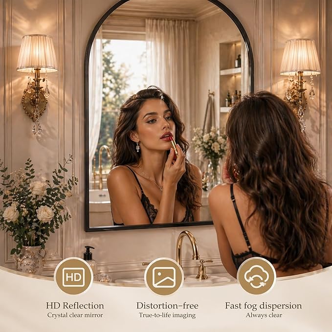 26"x38" Arched Black Bathroom Mirror – Metal Framed with HD Shatter-Proof Glass, Wall-Mounted for Over Sink, Entryway, Living Room, Bedroom
