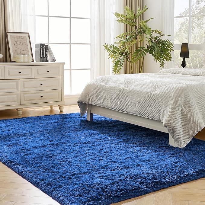 Blue Fluffy Area Rugs for Bedroom - Soft Plush Shag Rug 4x6 for Living Room Nursery Kids Room - Non Slip Fuzzy Shaggy Floor Carpets for Girls Boys Play Room Dorm Decor