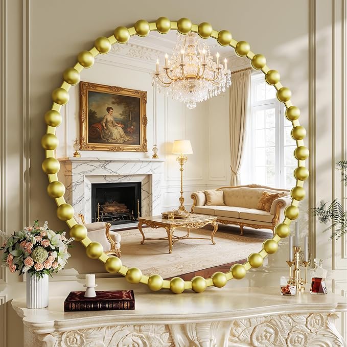 Round Vanity Mirror for Wall, 36 Inch Beaded Frame Circle Mirror for Bathroom, Bedroom Dresser, Entryway, Living Room, Decorative Hanging Wall Mirror, Gold