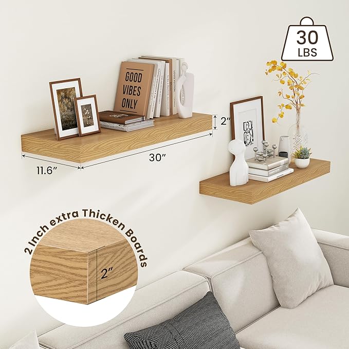 FLYJOE 30 Inch Floating Shelves | 12 Inch Deep Oak Floating Shelves Set of 2 | 30" W x 12" D Rustic Wood Shelves for Wall | Deep Oak Shelves for Living Room Bathroom Laundry Room Kitchen