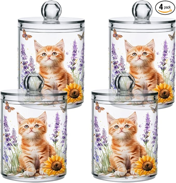 4 Pack Qtip Holder Dispenser Lavender Cat Sunflower Cotton Ball Swab Round Pads Floss Clear Bathroom Storage Containers Plastic Apothecary Jars with Lids