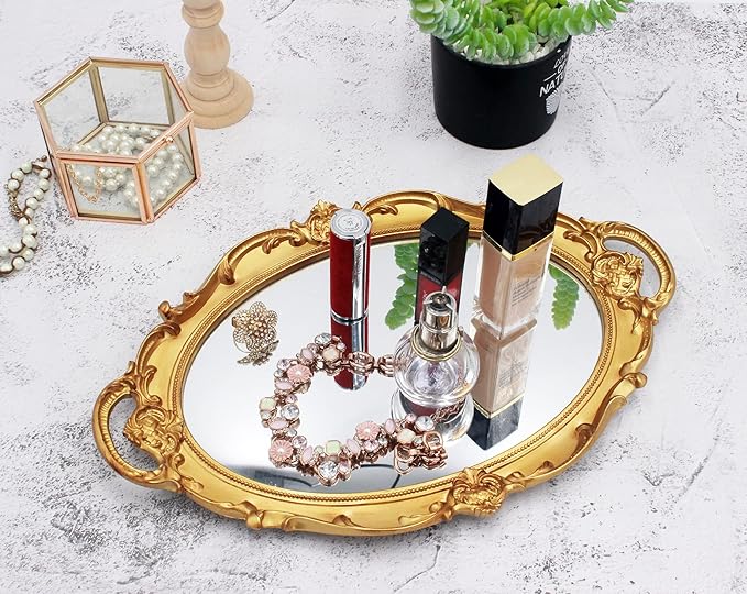 Funerom Vintage 36.8 x 25.4 cm Gold Mirror Tray Decorative Tray Bathroom Tray Serving Tray Oval