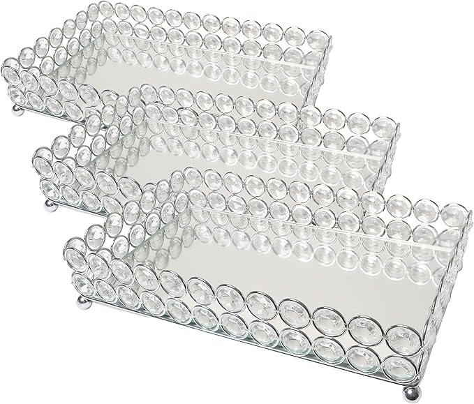 Elegant Designs HG1010-CHR Elipse Crystal Decorative Mirrored Jewelry or Makeup Cosmetic Perfume Vanity Organizer Tray, Chrome (Pack of 3)