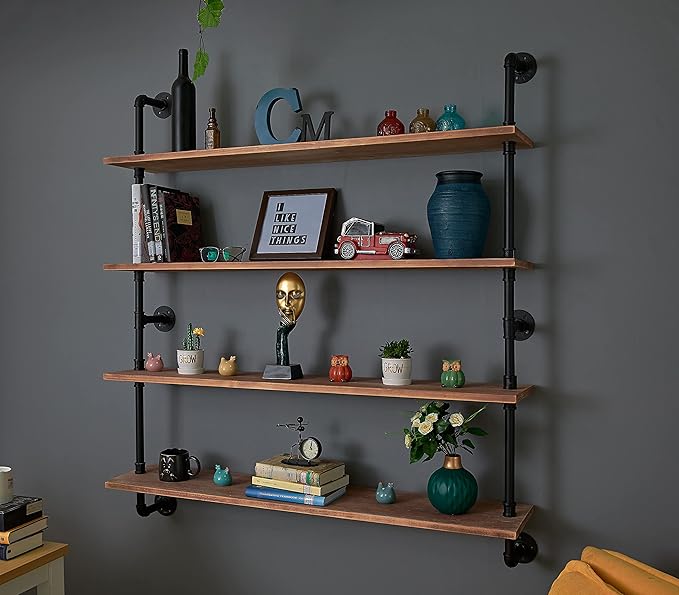 HDDFER Pipe Shelves Industrial Pipe Shelving Shelves Real Wood Industrial Floating Pipe Shelves with Wood Planks 36 inch Wall Shelves Rustic Hanging Bookshelf Farmhouse Kitchen Bar Shelving
