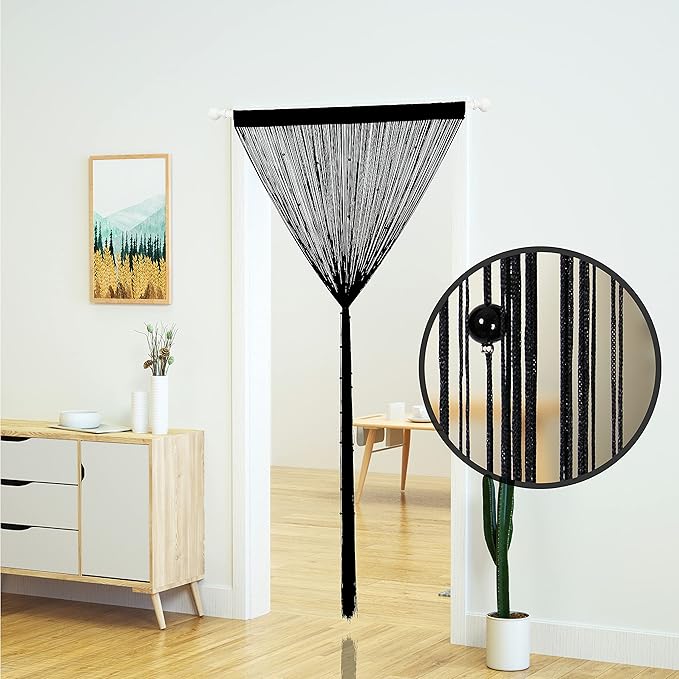 YaoYue Beaded Curtain Door String Curtains for Doorway Tassels Beads Hanging Fringe Hippie Room Divider Window Hallway Entrance Wall Closet Bedroom Privacy Decor (39×110in/100×280cm, Black)