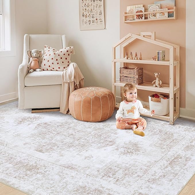 XLUEZ Area Rug 4x6 Vintage Rug, Machine Washable Vintage Distressed Medallion Rug Non-Slip Soft Low Pile Large Indoor Rugs for Bedroom Kitchen Dining Room Office(Beige,4'x6')