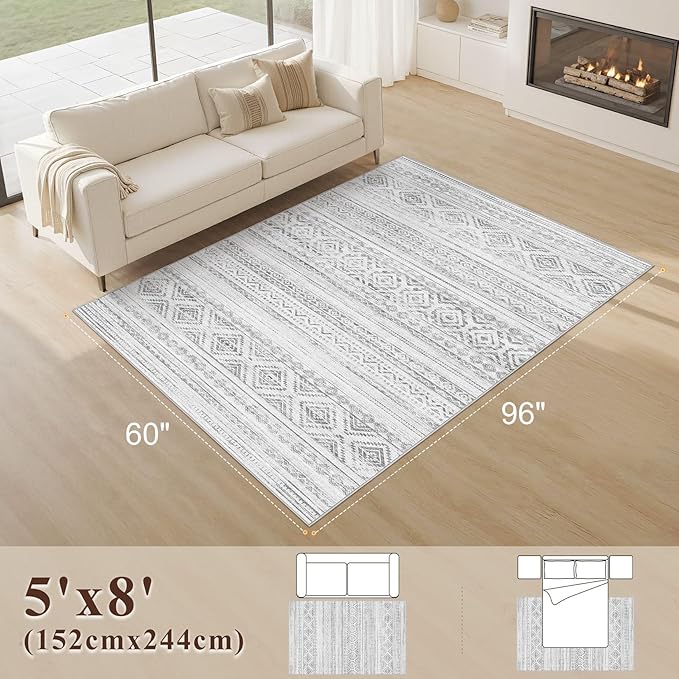 cotiled 5x8 Area Rug Living Room: Washable Boho Rugs with Non Slip Backing Large Soft Indoor Stain Resistant Carpet for Bedroom Farmhouse Dining Room Lightweight Home Decor Light Grey