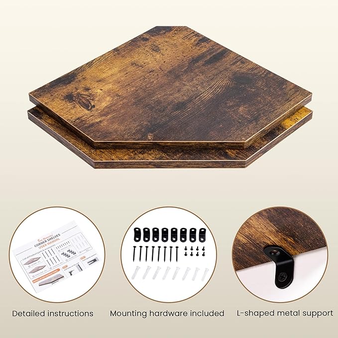 Fun Memories Corner Shelf Wall Mount, Floating Corner Shelves, Set of 2 Corner Wall Shelf Organizer, Rustic Wood Wall Storage Display Shelves for Living Room Bedroom Bathroom Kitchen, Rustic Brown | Organizer, Living Room, Bedroom, Bathroom, Kitchen