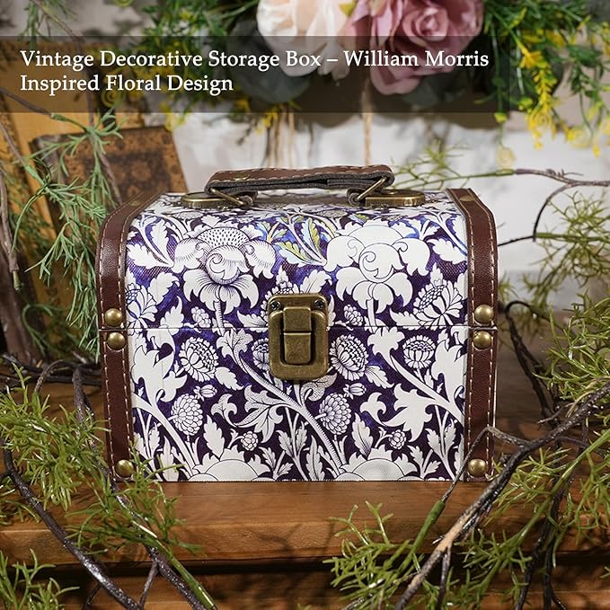 Vintage Decorative Storage Box with Handle, Retro Floral William Morris Keepsake Organizer Chest for Jewelry, Trinkets, Gift Packaging and Home Decor, 7 x 5.6 x 4.7 Inch