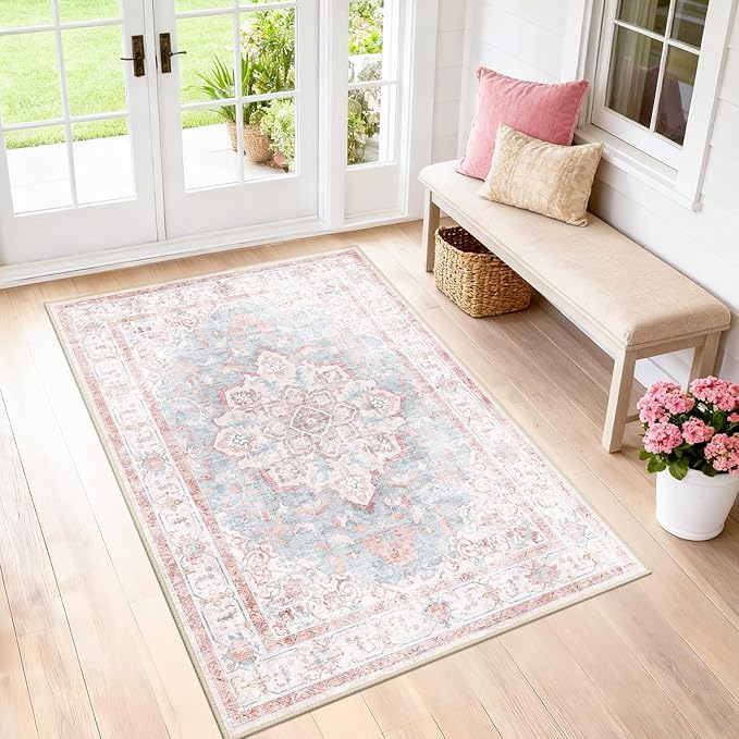 CAPALOCA Machine Washable Rugs Nursery Rug 3x5 Cute Girl Non Slip Low Pile Water Repellent Soft Print Pattern for Bedroom Indoor Decor Kids Playroom Pink Blue
