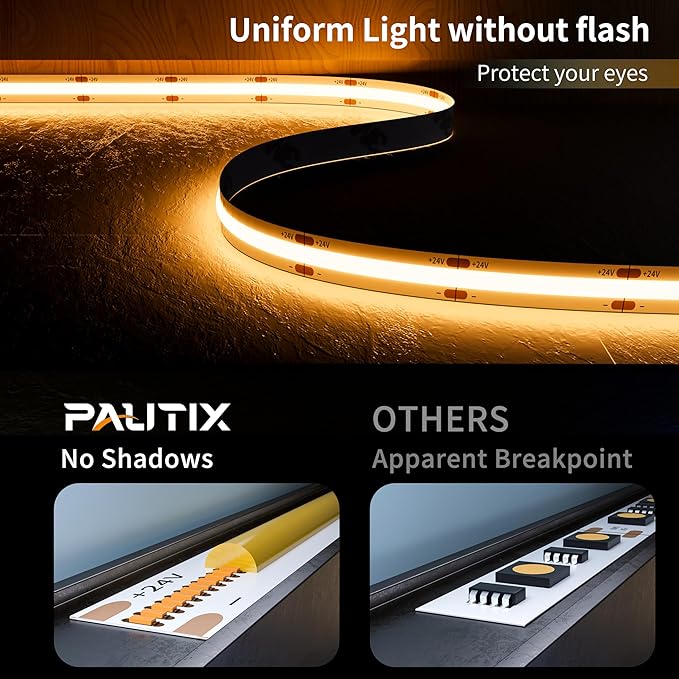 PAUTIX COB LED Strip Light 32.8ft/10m 5040LEDs Warm White 2700K,High Lumen Flexible CRI93+ LED Tape Super Bright DC24V,for Cabinet Home DIY Lighting Projects(Power Supply & Controller Not Included)