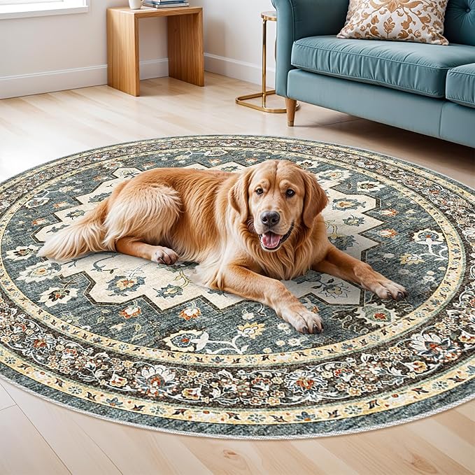TOPRUUG Washable Oriental Area Rug - 8ft Round Rugs for Living Room Soft Carpet for Bedroom Waterproof Floral Distressed Indoor Stain Resistant Non-Shedding Floor Carpets (Blue, 8ft-Round)