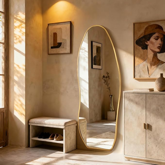 Dorlicecass Mirror Full Length - Irregular Full Body Mirror Standing or Leaning or Wall Hanging 63"x 24" Asymmetrical Aviation Aluminum Alloy Frame Unique for Bedroom, Living Room, Cloakroom, Entryway
