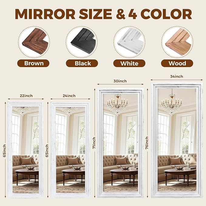 Full Length Wood Mirror 71x30 - Rustic Solid Wood Floor Mirror with Triple Layer Frame, HD Tempered Glass, Wall Mounted or Leaning Standing Mirror Vintage White Mirror for Bedroom Bathroom Living Room