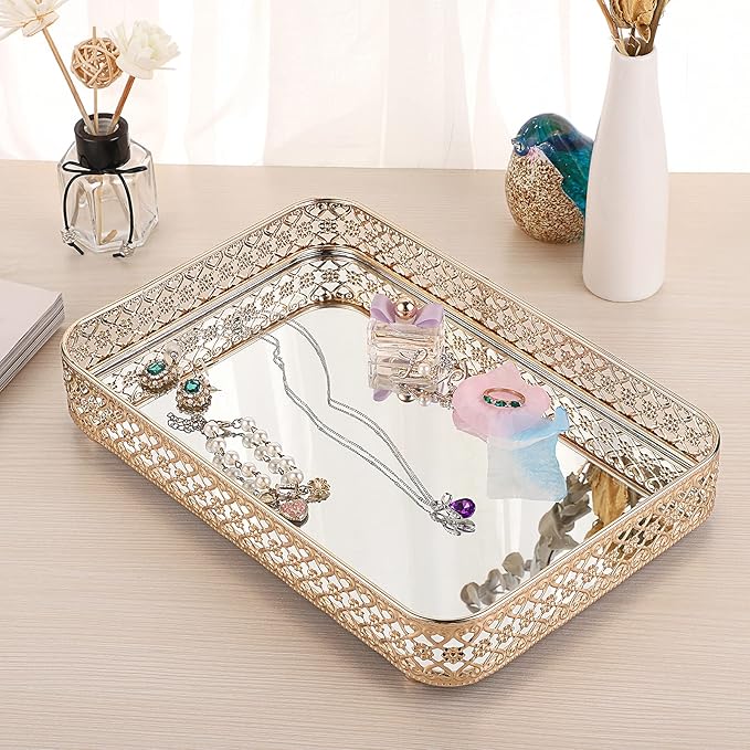 ELLDOO Perfume & Makeup Vanity Tray - Hollow-Carved Jewelry Storage, Glass & Metal Trinket Organizer for Dresser & Bathroom Countertop, Gold, Medium Size