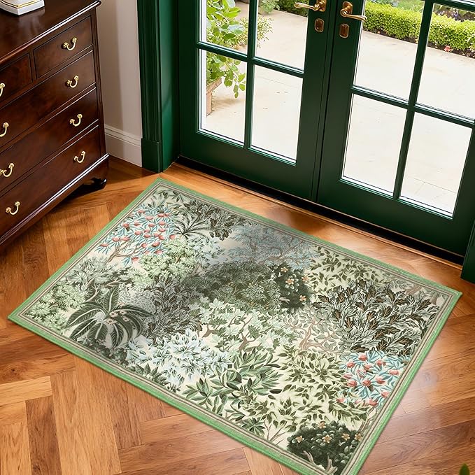 GarveeHome 2x3 Entryway Area Rug Non Slip Front Door Forest Rugs, Washable Indoor Kitchen Floor Mat Soft Low-Pile Stain Resistance Woodland Rug for Farmhouse Bedroom, Beige Green