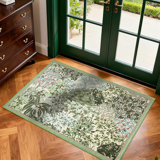 GarveeHome 2x3 Entryway Area Rug Non Slip Front Door Forest Rugs, Washable Indoor Kitchen Floor Mat Soft Low-Pile Stain Resistance Woodland Rug for Farmhouse Bedroom, Beige Green