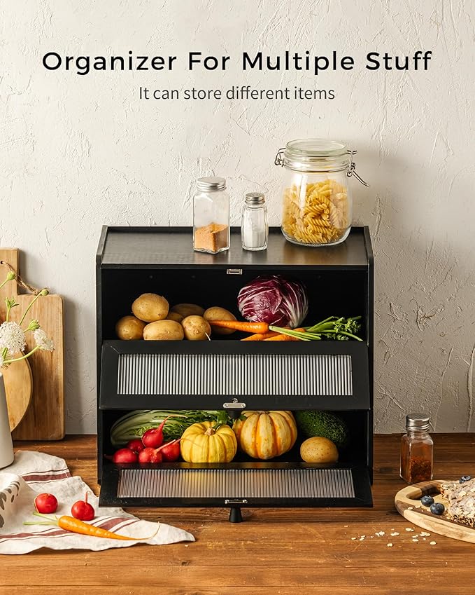 Bamboo Bread Box 2 Tiered for Kitchen Counter-Large Capacity Wood Bread Basket Storage Container Bread Box with Window Bread Holder with Shelf Vitamin Bottle Storage (black)