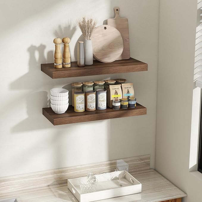 30 Inch Walnut Floating Shelves for Wall, 12 Inch Deep Shelves for Bathroom|Kitchen|Bedroom, Wall Mounted Rustic Wood Floating Shelf with Invisible Brackets for Books|Storage|Decor, 2 Pack