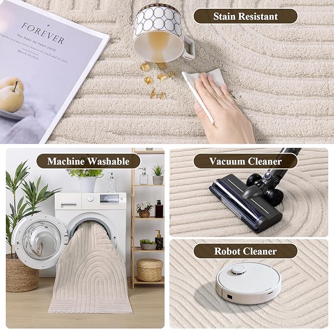 SHACOS Soft Cozy Fluffy Arch Pattern High Low Pile Area Rugs 10'x14' Large Non Slip Washable Modern Geometric Rug Scandinavian Minimalist Carpet for Living Room Bedroom Dining Room, Beige