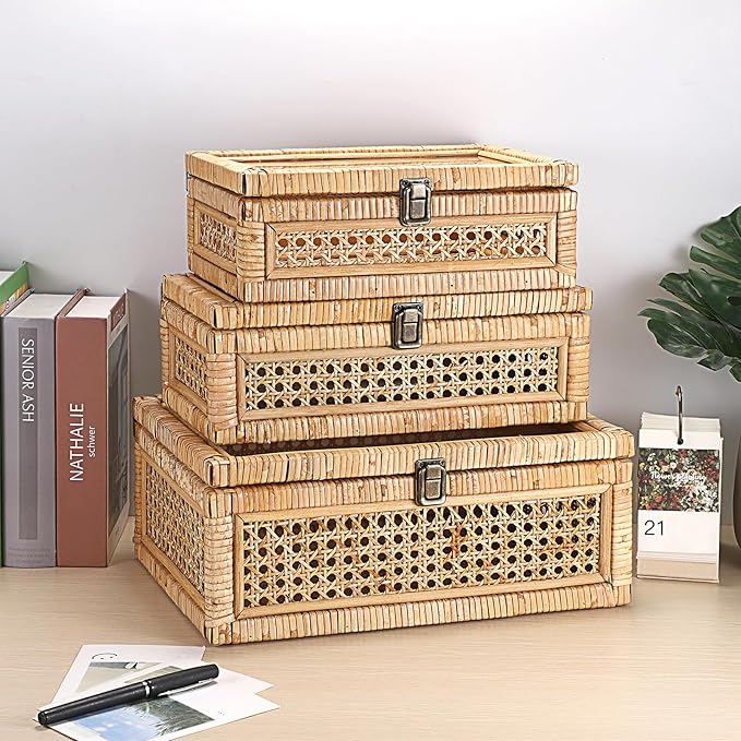Hipiwe Rattan Decorative Box with Clear Lid and Lock - Natural Woven Wicker Basket Bin Rectangular Basket Organizer Vintage Wood and Cane Display Boxes for Shelves Home Storage and Decor