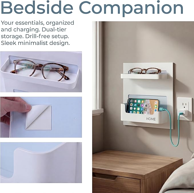 Bedside Shelf with Strong Sticky Gel,Wall Mount Organizer Holder for Cell Phone,Glasses,Remote,Keys,Adhesive Wall Shelves for Bedroom,Bathroom, Kitchen,No Drill Space Saver (Horizontal Type/Black)