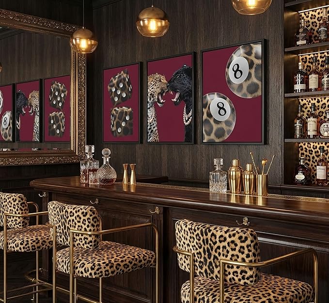 3Pcs Trendy Leopard Canvas Wall Art Funky Lucky 8 Ball Posters Prints Paintings Eclectic Cheetah Preppy Aesthetic Pictures Wall Decor for Bedroom Dorm Living Bathroom Unframed