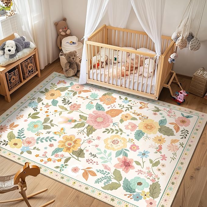 RELEANY Floral 8x10 Area Rug Machine Washable Soft Print Boho Carpet Non Slip Doormat Low Pile Flower Area Rugs for Living Room Bedroom Nursery Kitchen Dining Room Indoor-Beige/White/Orange