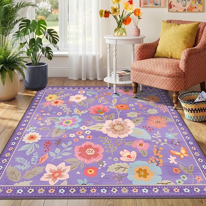RELEANY Floral Nursery Square 4ft Area Rugs Washable Print Boho Cute Carpet Non Slip Flower Low Pile for Living Room Kids Girls Playroom Bedroom Kitchen Office Farmhouse-Purple/Pink/Multi