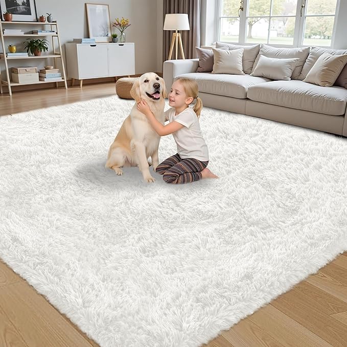 5x7 Area Rug for Living Room:Ultra Soft Fluffy Shag White Rugs,Large Fuzzy Plush Indoor Non Slip Carpet Washable Rug for Bedroom Kids Nursery Office Dorm Modern Decor(White 5'x7')