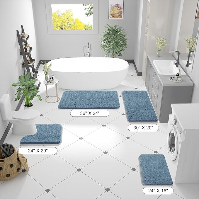 OLANLY Bathroom Runner Rugs 47x17, Soft Absorbent Chenille Bath Rugs, Rubber Backing Quick Dry, Machine Washable Long Bath Mats for Bathroom Floor, Tub and Shower, Home Decor Accessories, Airy Blue