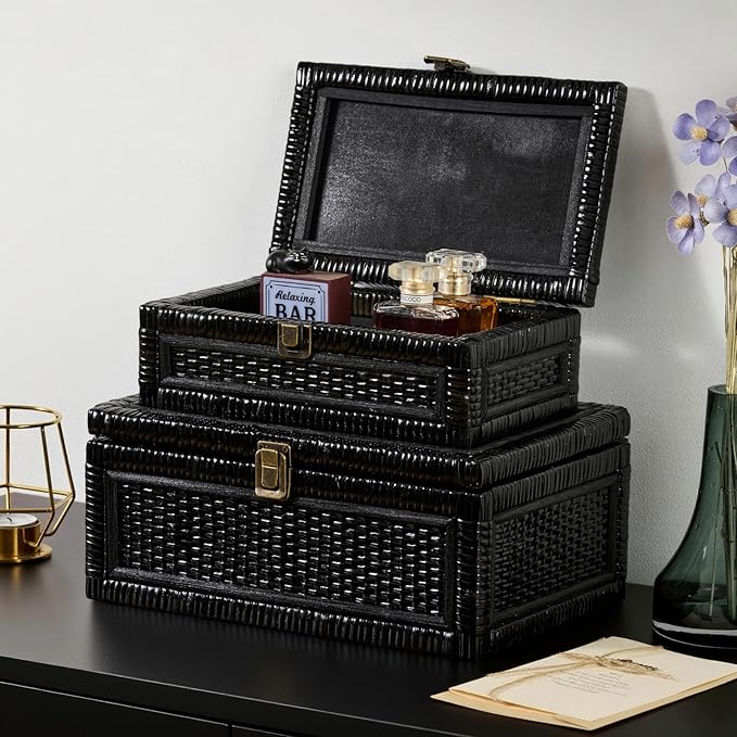 Rattan Box with Lid Decorative Natural Handmade Boho Rattan Baskets Woven Wicker Cane Bins Keepsake Memory Jewelry Boxes Rectangular Desk Shelf Closet Organizer Container (Black, Large)