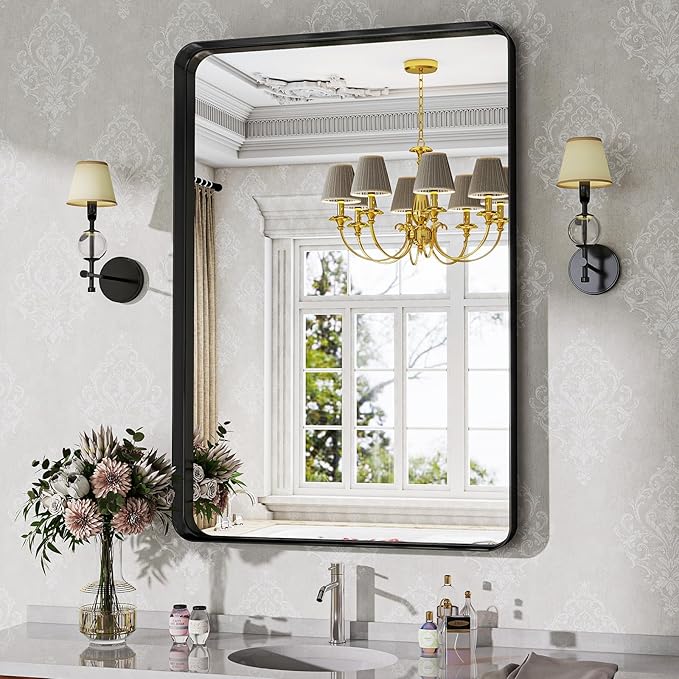 Bathroom Mirrors for Over Sink 24 x 32 Inch Rounded Rectangle Bathroom Vanity Mirror Bathroom Mirror for Wall Hangs Horizontally or Vertically for Living Room Bedroom Entryway Black