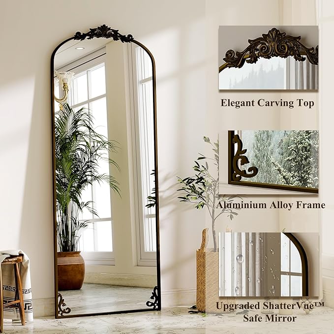GLSLAND 56"x21" Vintage Full Length Mirror - Carved Arched Floor Mirror Baroque Full Body Mirrors for Bedroom Living Room Entryway,BRE
