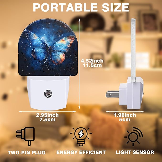 Night Lights Plug into Wall Blue Butterfly with Stars Night Light Dusk to Dawn Smart Sensor Decorative Round Led Lamp for Bedroom Kitchen Hallway Nightlight for Women Men