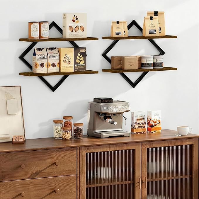 3-Piece Floating Shelves - Unique Geometric Wall Mounted Storage Set (1 Single & 2 Double Tiers), Sturdy Wood & Metal Display Shelf for Plants, Picture Frames, Living Room & Bathroom Decor