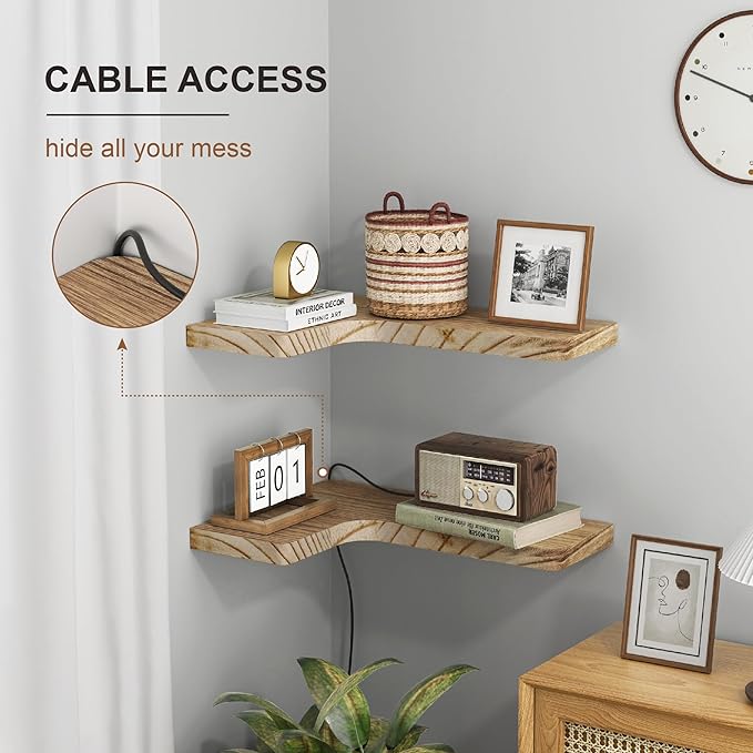 fuqing Floating Corner Shelves, Wall Shelf Set of 3, Shelves for Wall Storage, Solid Wood Shelves for Storage, Wall Mount Wooden Display Shelf for Bathroom Bedroom Kitchen Garage, Carbonized Black