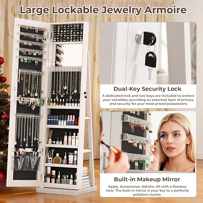 4-In-1 Jewelry Armoire with Full-Length Mirror, 360° Swivel Lockable Jewelry Cabinet Standing with 3 Storage Shelves & Vanity Mirror, Jewelry Organizer with Storage for Gift Idea, White
