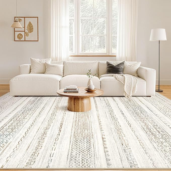 Nakagishi Area Rug Living Room Rugs: 7X9 Machine Washable Boho Large Neutral Farmhouse Stain Resistant Moroccan Indoor Floor Carpet for Bedroom Nursery Dorm Dining Room Home-Multi Color