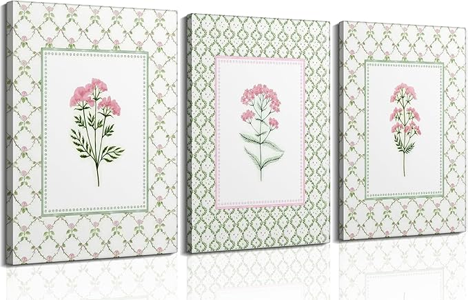 3Pcs Pink Green Floral Canvas Wall Art Wildflower Baby Room Painting Picture Wall Decor Pastel Botanical Poster Print Artwork for Bedroom Living Room Girls Bedroom Nursery Dining Room Home Decoration
