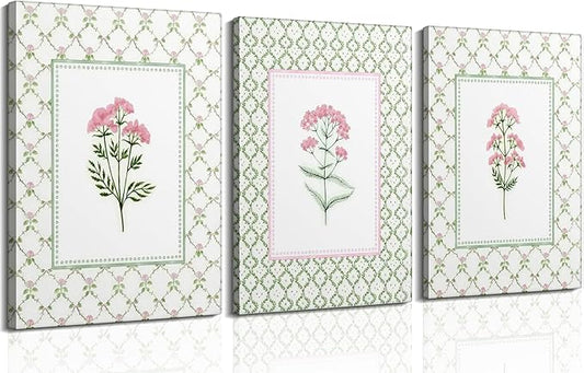 3Pcs Pink Green Floral Canvas Wall Art Wildflower Baby Room Painting Picture Wall Decor Pastel Botanical Poster Print Artwork for Bedroom Living Room Girls Bedroom Nursery Dining Room Home Decoration