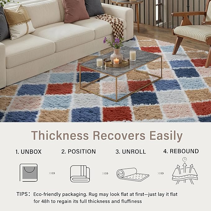 PureCozy 5x7 Checkered Rug for Living Room Rainbow Modern Soft Area Rug Fluffy Non-Slip Carpet for Bedroom Playroom Home Aesthetic Decor
