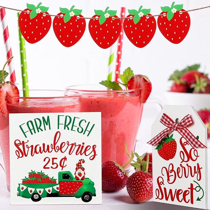 Yalikop 10 Pcs Summer Tiered Tray Decor Sets Strawberry Kitchen Decor Farmhouse Wood Tiered Tray Decorations Standing Sign Bead Garland Banner for Home Able Shelf Mantel Party