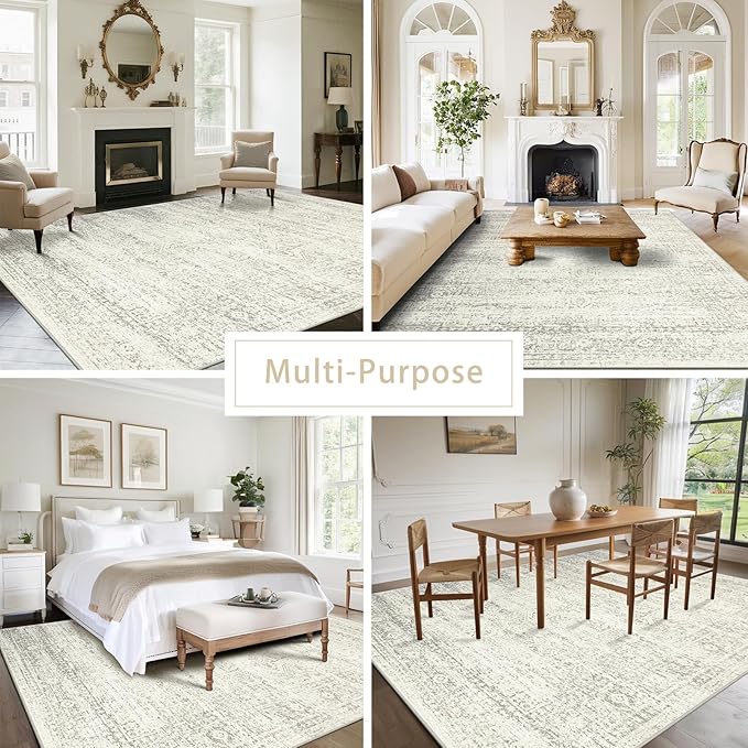Srugn Washable Rugs 8x10 Area Rugs for Living Room,Bedroom,Dining Room- Large Ultra Soft Faux Wool Retro Carpets,Non Slip&Non-Shedding Low Pile Vintage Print Rug for Home Office Decor-Beige