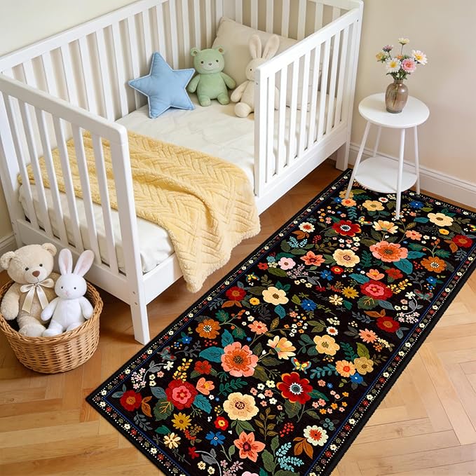 RELEANY Floral Nursery 2x5 Area Rugs Washable Print Boho Cute Carpet Non Slip Flower Low Pile for Living Room Kids Girls Playroom Bedroom Kitchen Office Farmhouse-Black