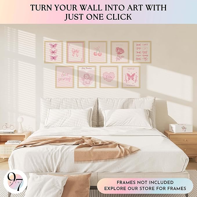 97 Decor Pink Coquette Room Decor Aesthetic - Vintage Coquette Wall Decor, Cute Coquette Posters For Girls Dorm Decorations, Girly Wall Art Prints Bow Pictures For Bedroom (8x10 Unframed)