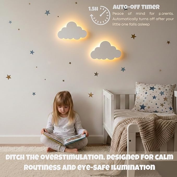 KALEOLI Cloud Wall Lights 2 Pack for Nursery – Dimmable & Rechargeable Night Lights for Baby Room Decor (Star Decals Included)